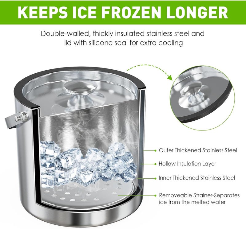 iHoo 3.2L/3.4QT Insulated Ice Bucket with Silicone Lid, Tongs & Strainer, Double Wall Stainless Steel Ice Bucket for Parties and Cocktail Bar, Upgraded Silicone Cover Keep Ice Frozen Longer - Image 3